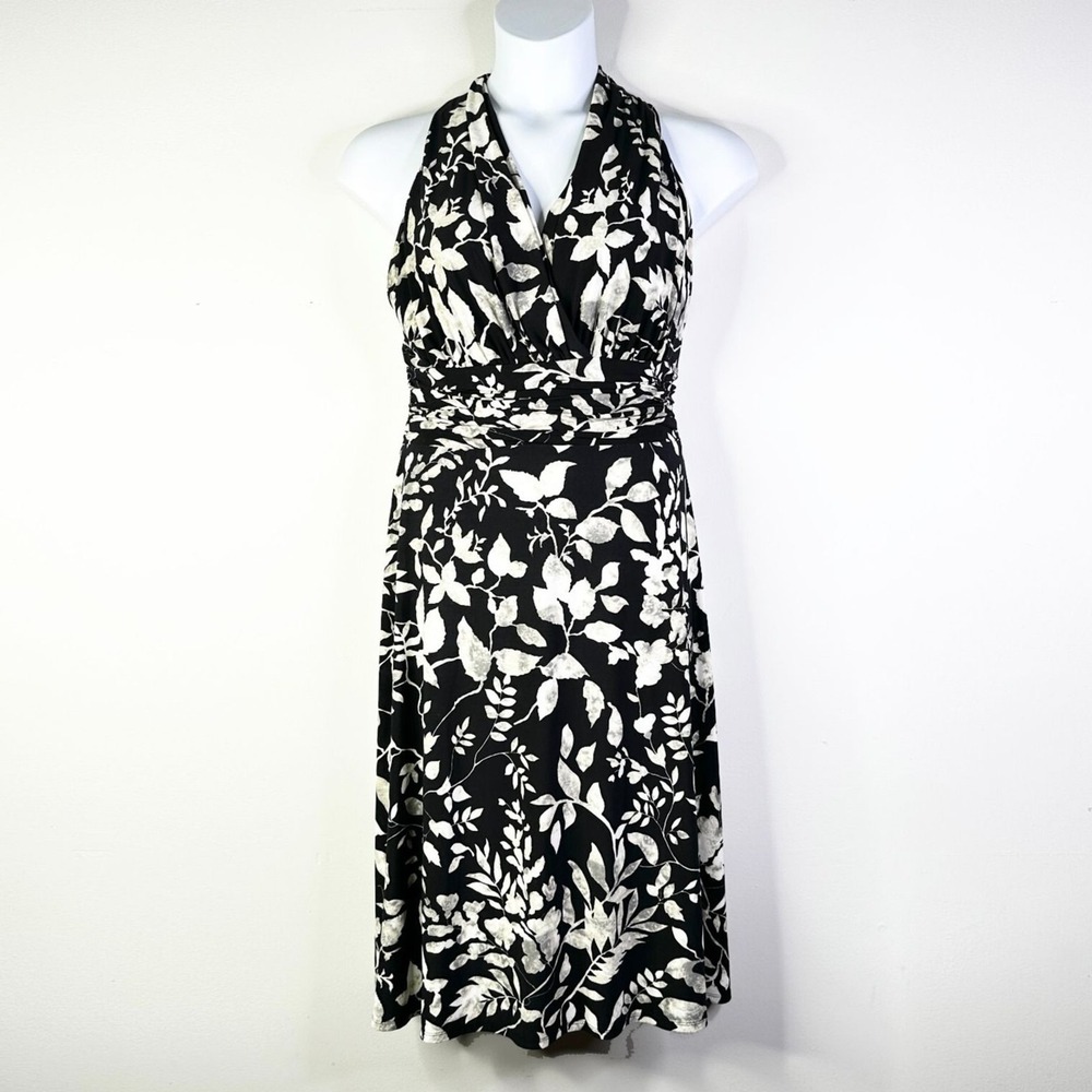 Evan Picone Dress Women 16 Black Floral Halter Midi Ruched Waist Classic NWOT